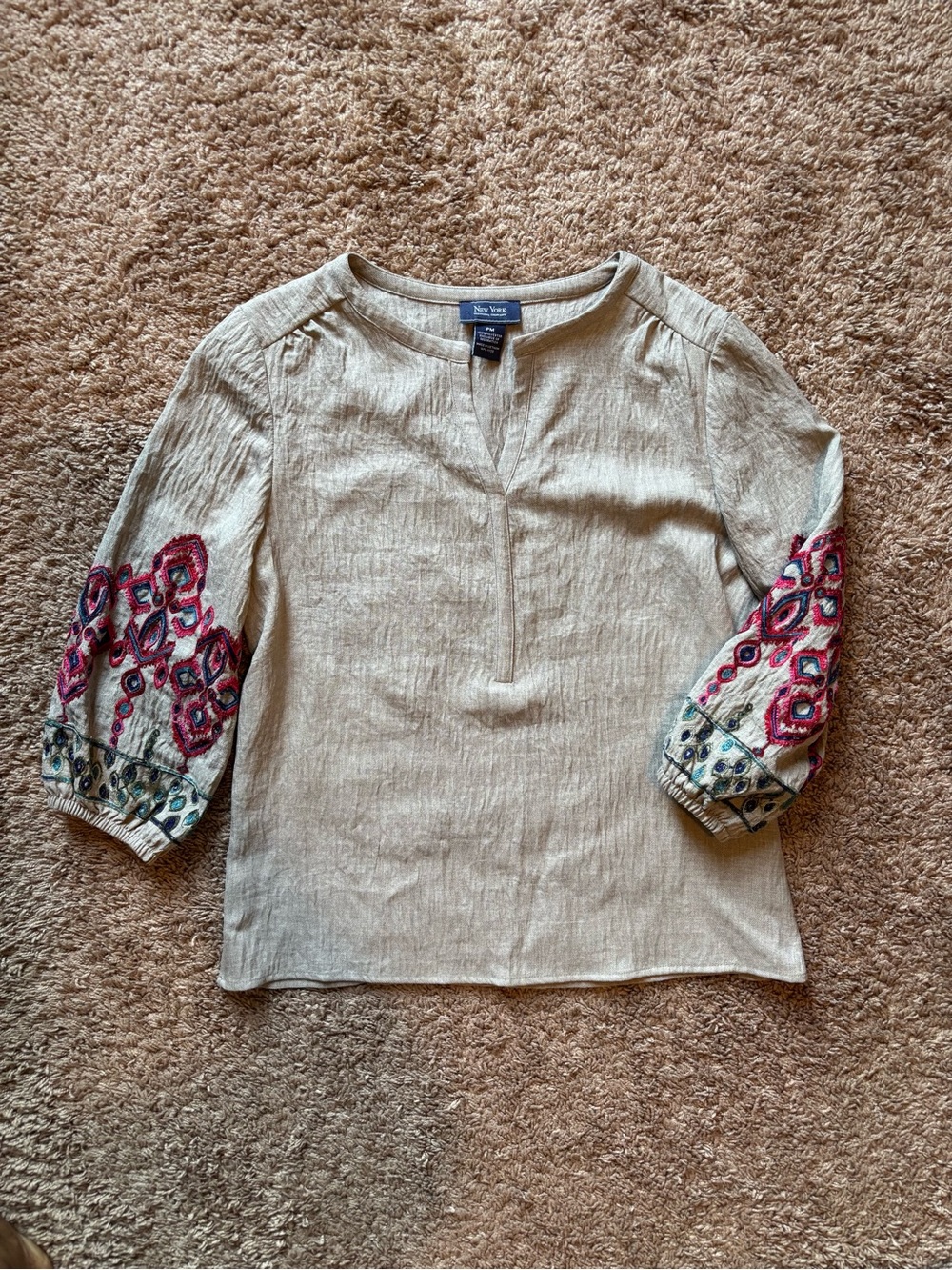 New York Clothing Company Beige Embroidered Quarter Length Sleeve Peasant Blouse